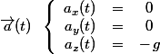 \vec{a}(t)\; \; \left \lbrace \begin{array}{ccc}a_x(t)&=&0 \\ a_y(t)&=&0 \\ a_z(t)&=&-\,g \end{array}